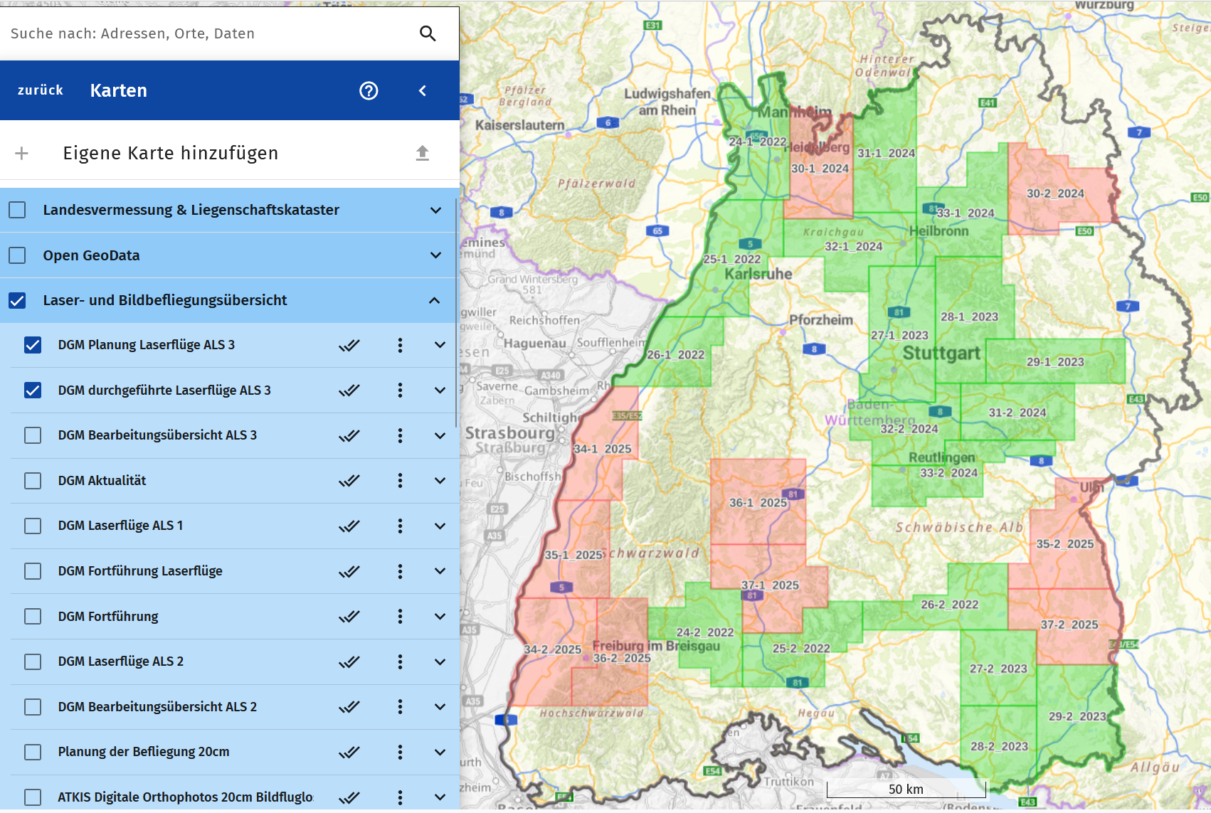 ALS_3 Laserflugübersicht im Geoportal BW